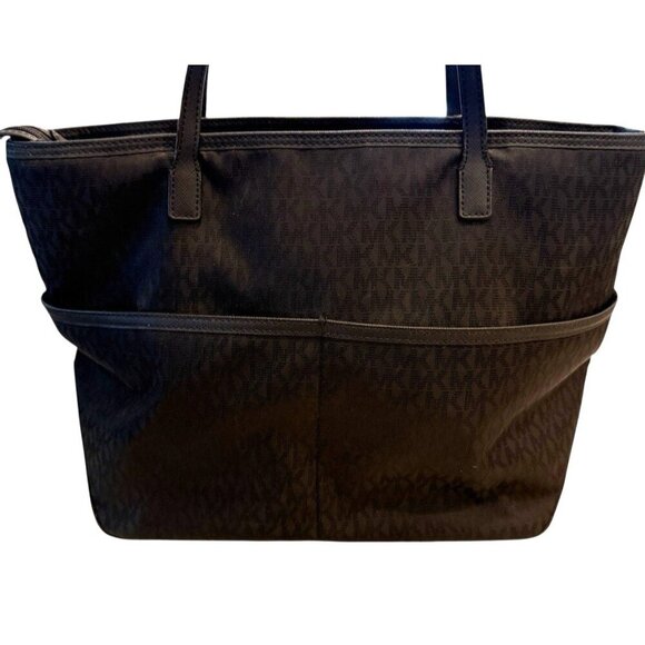 Michael Kors Women's Kempton Logo Black Large Nylon Leather Goldtone Trim Tote - Picture 3 of 9